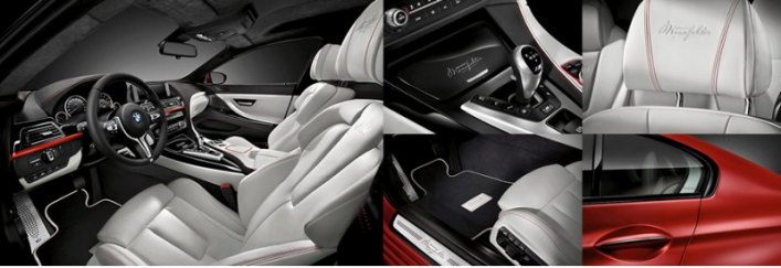 Салон M6 Gran Coupe обтянут белой кожей. Кроме того, в интерьере появились черные и красные…