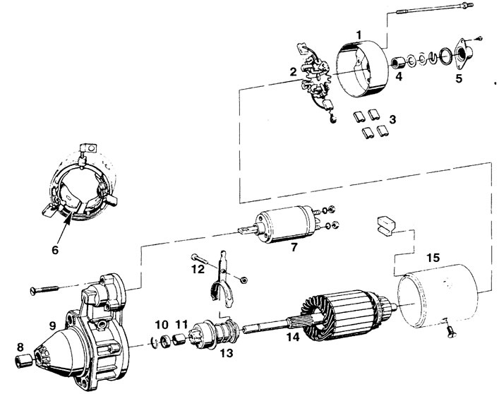 Рис. 5.25. Стартер фирмы M.Marelli: 1, 5, 15 - кожух; 2 - щеткодержатель; 3 - щетки; 4, 8, 11 -…