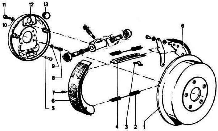 Детали барабанного тормозного механизма заднего колеса на моделях с 4-цилиндровым двигателем:
