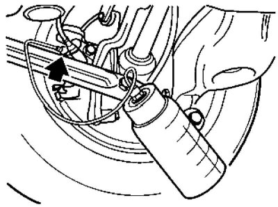 6. Прикрепете единия край на чист, прозрачен маркуч към нипела за обезвъздушаване на задната дясна…