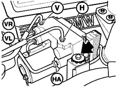 V (koła przednie) — z dwukomorowego GTZ obwodu V do modulatora hydraulicznego obwodu V (obwód…