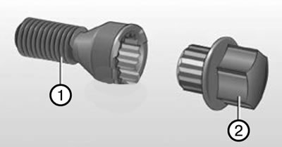 1. Секретный колесный болт.; 2. Переходник.