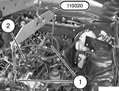 36. Закрепить жгут (2) проводов двигателя на двигателе, чтобы он не упал.