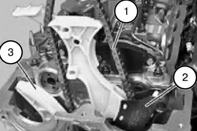 31. Снять направляющую планку цепи с приводной цепью (1), планкой (2) успокоителя цепи и планкой…