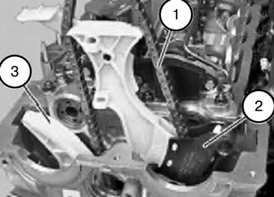 40. Установить направляющую планку цепи с приводной цепью (1), планкой (2) успокоителя цепи и…