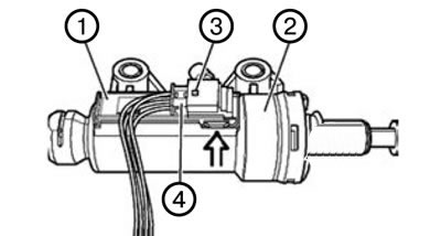 9. Wyjąć część mechanizmu zmiany biegów (1) z głównego cylindra sprzęgła (2) za pomocą śrubokręta.