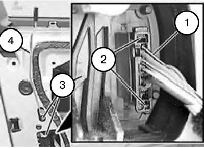 5. Deblocați conectorul (1) apăsând pe cleme (2) și deconectați-l de la încuietoarea ușii (3).