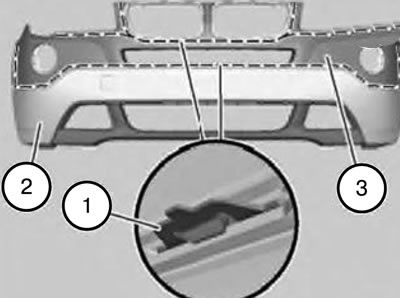 5. Release the bumper trim (2) from the clips (1) on the reverse side.