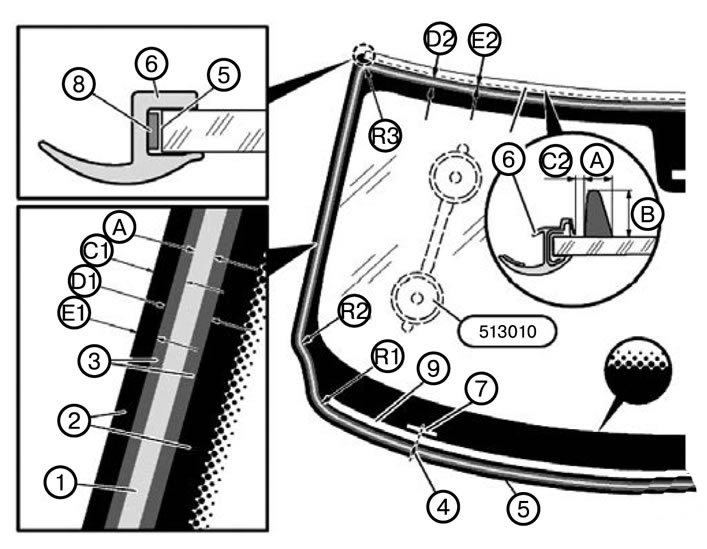 Schema de lipire a parbrizului: 1. O bandă de lipici. 2. Acoperire ceramică. 3. Strat de grund. 4.…