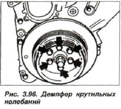 Slăbiți șuruburile (săgeți, fig. 3,96) și scoateți amortizorul de vibrații de torsiune.