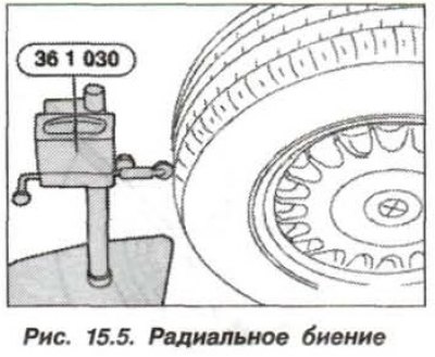 Verificați deformarea radială a roții cu ajutorul dispozitivului «36.1.030» (Fig. 15.5). Comparați…
