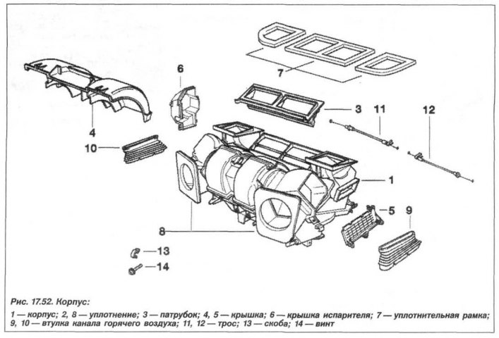 Ventilátor klimatizácie je umiestnený v kryte (1, kresba 17,52).